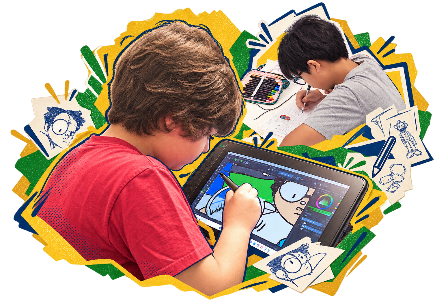 Jovem artista desenha no tablet; um segundo momento mostra o mesmo processo de criação no papel